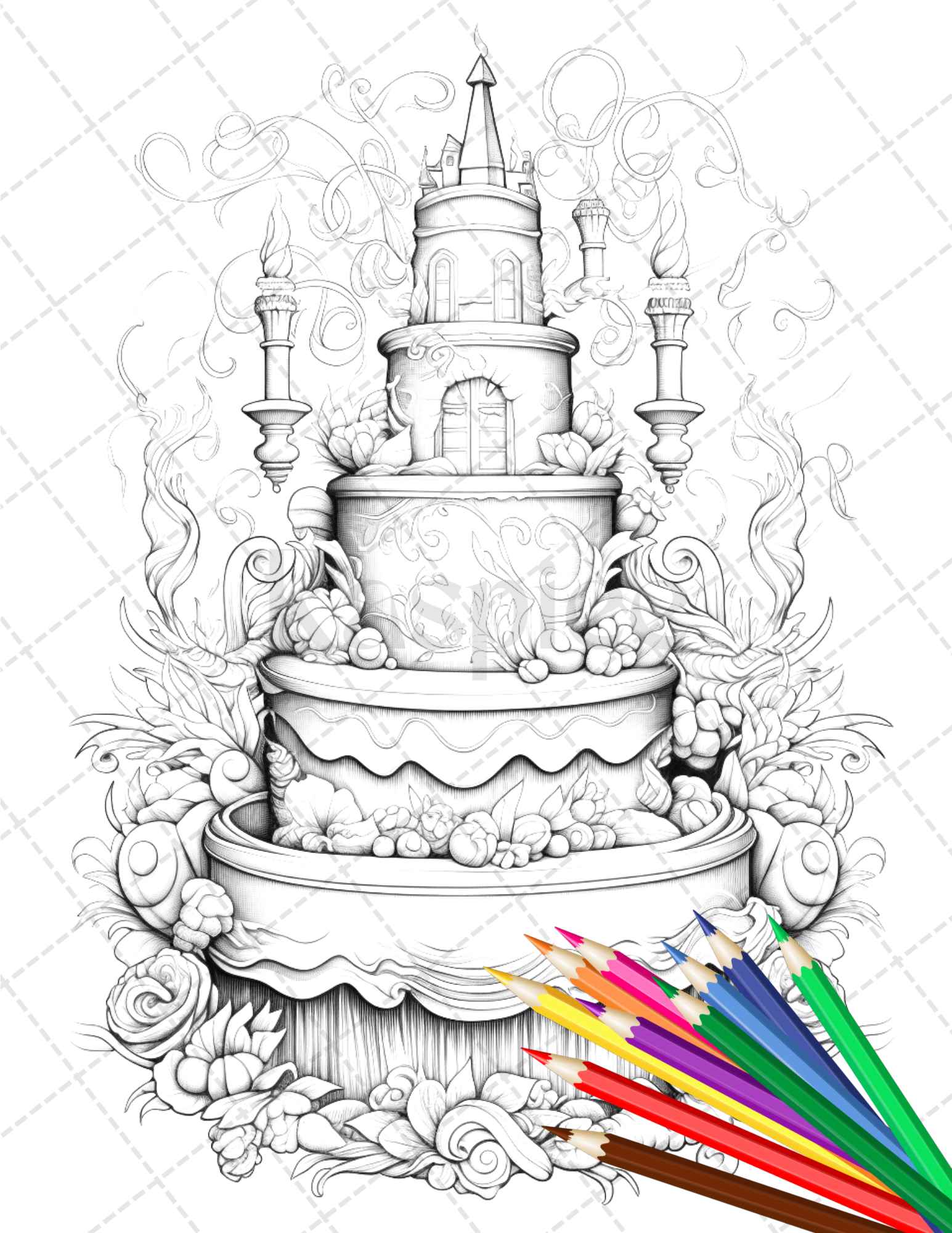 38 Whimsical Cakes Grayscale Coloring Pages for Adults, PDF File Instant Download - raspiee