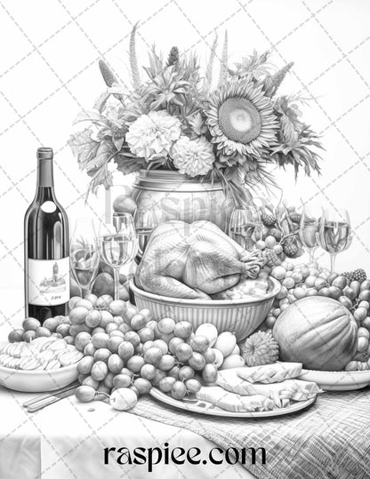 Thanksgiving Dinner Grayscale Coloring Pages for Adults, Relaxing Fall Coloring Sheets, Printable PDF File Instant Download
