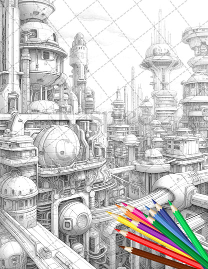 50 Futuristic Metropolis Grayscale Coloring Pages Printable for Adults, PDF File Instant Download - raspiee