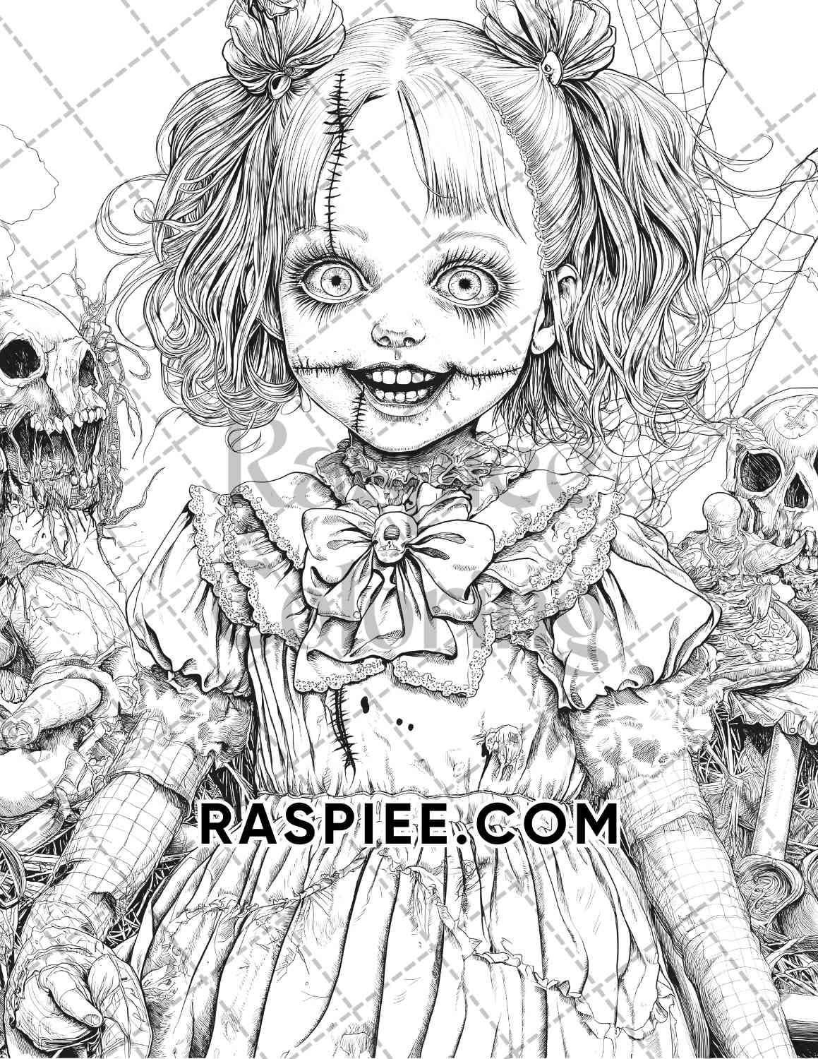 Haunted Dolls Halloween Horror Adult Coloring Pages Printable PDF Instant Download - RASPIEE