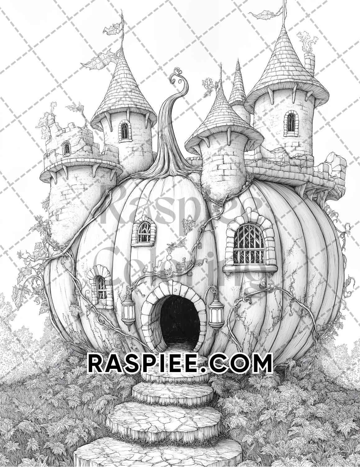 Fantasy Giant Pumpkin Castles Adult Coloring Pages Printable PDF Instant Download - RASPIEE