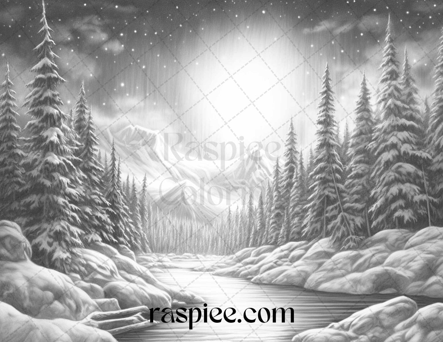Aurora Borealis Landscape Grayscale Coloring Pages for Adults, Printable PDF File Instant Download