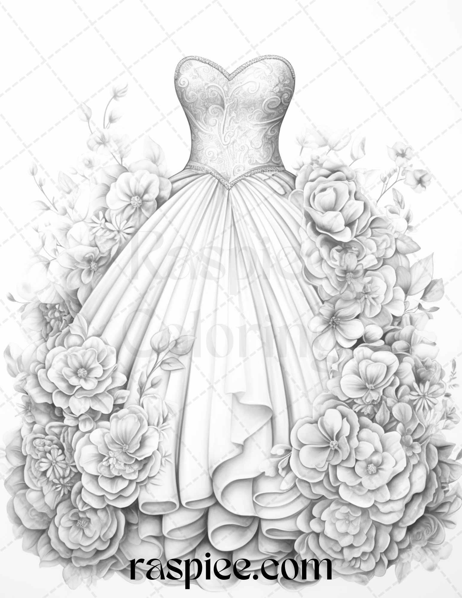 40 Elegant Floral Wedding Dresses Grayscale Coloring Pages Printable f RASPIEE 40 Elegant Floral Wedding Dresses Grayscale Coloring Pages Printable f RASPIEE