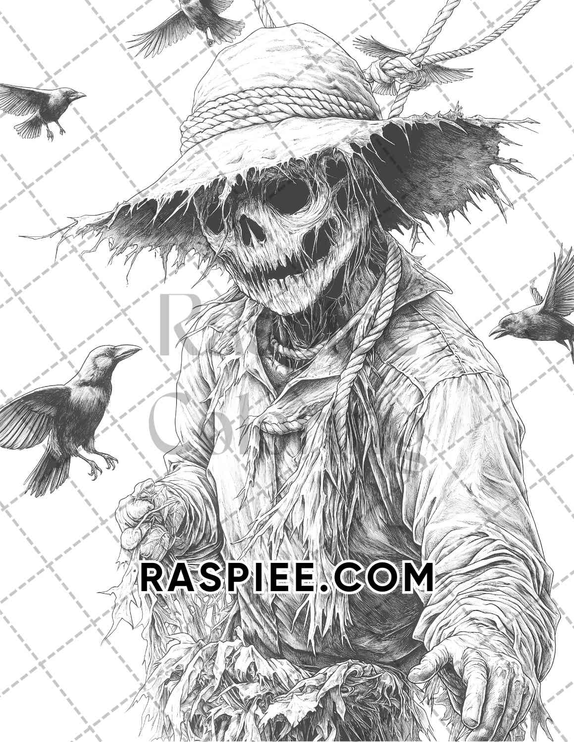 Horror Scarecrow Halloween Adult Coloring Pages Printable PDF Instant Download