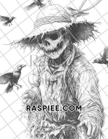 Horror Scarecrow Halloween Adult Coloring Pages Printable PDF Instant Download