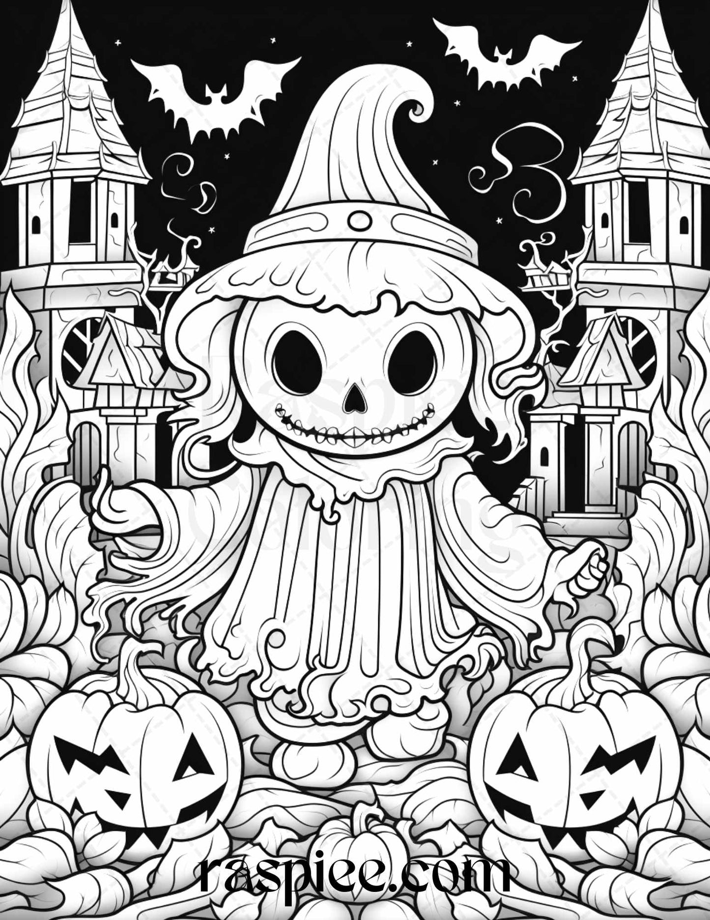 50 Halloween Cute Ghosts Grayscale Coloring Printable for Adults Kids, PDF File Instant Download - Raspiee Coloring