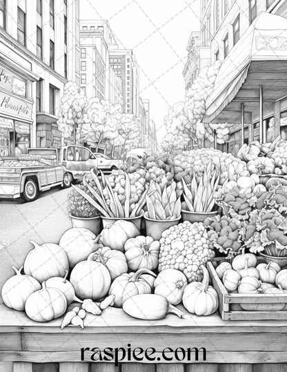 Autumn Street Markets Grayscale Coloring Pages for Adults, Printable PDF File Instant Download