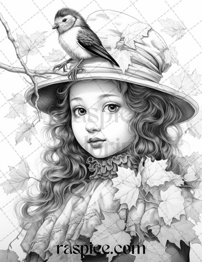 60 Victorian Autumn Portrait Grayscale Coloring Pages Printable for Adults, PDF File Instant Download