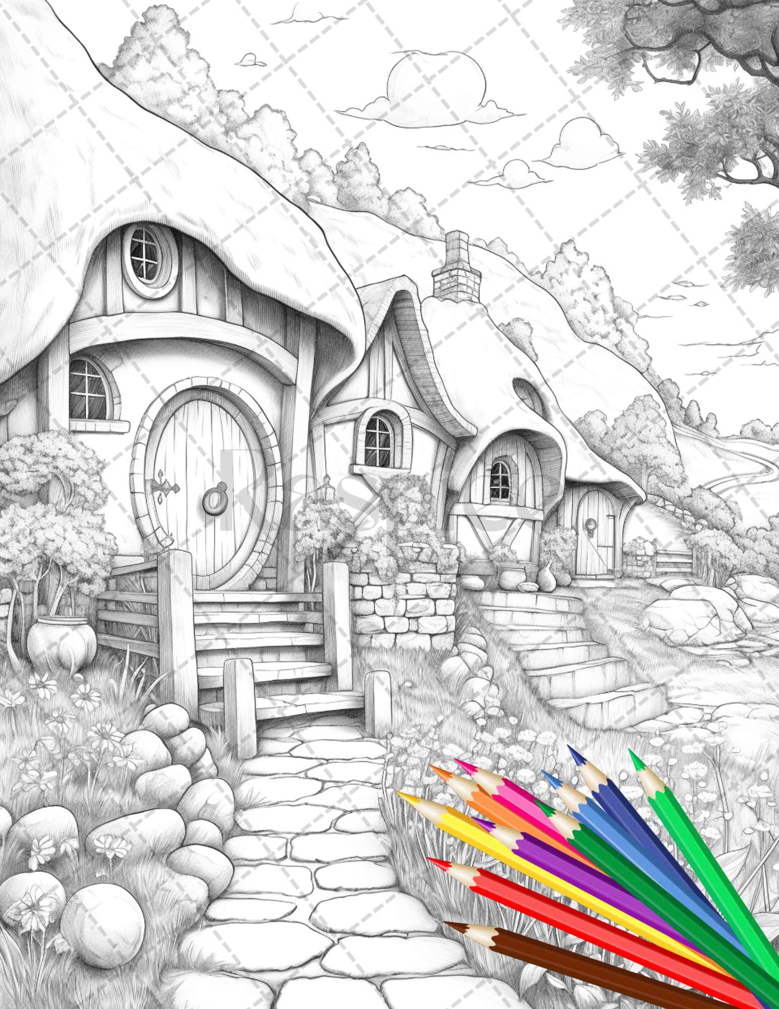 43 Enchanted Hobbiton Houses Grayscale Coloring Pages Printable for Adults, PDF File Instant Download - raspiee