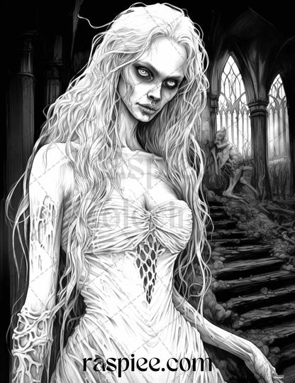 Zombie Bride Grayscale Printable Coloring Pages for Adults, Halloween Coloring Page, Horror Art Therapy, PDF Instant Download