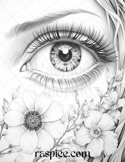40 Charming Eyes Grayscale Coloring Pages Printable for Adults, PDF File Instant Download - Raspiee Coloring