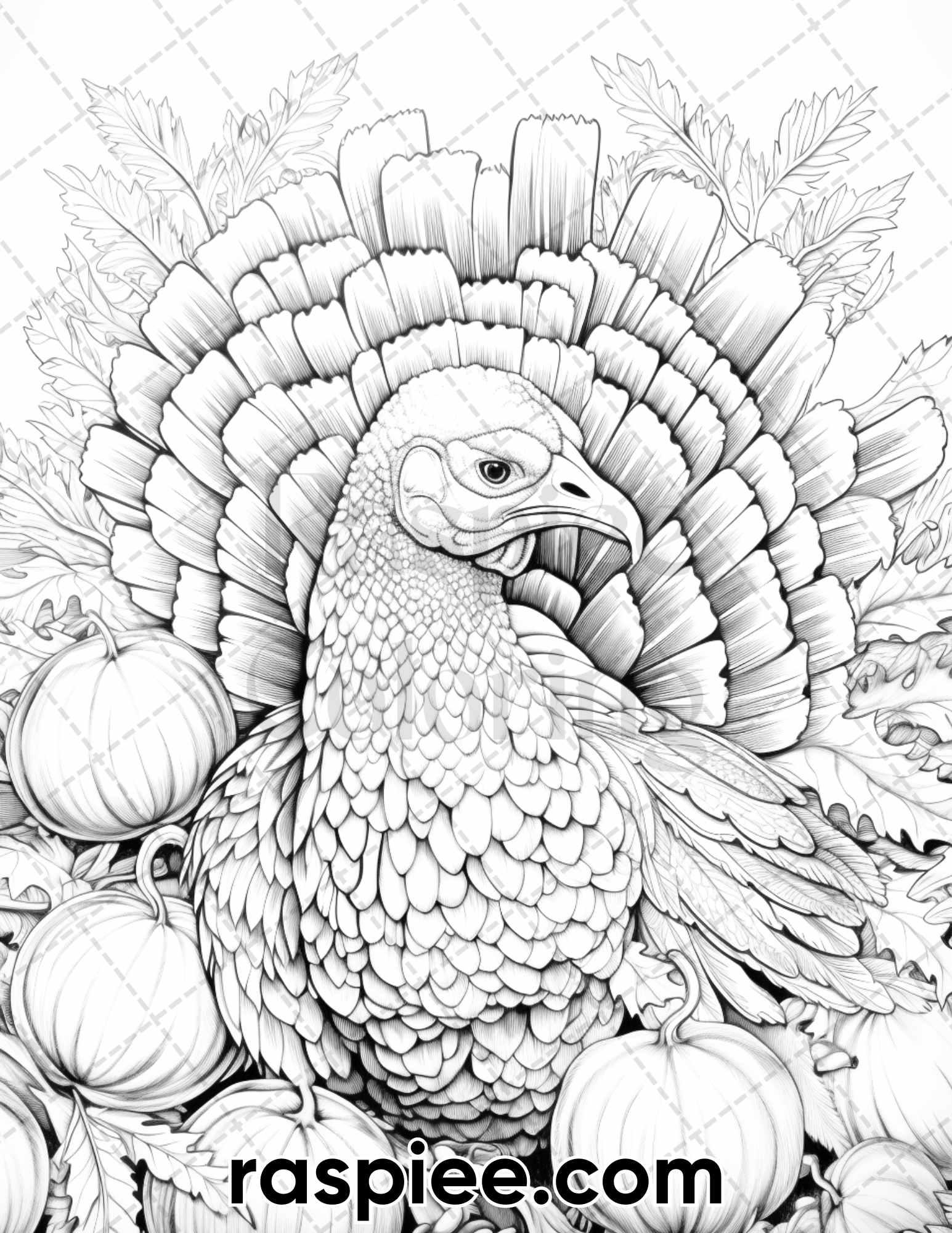 40 happy thanksgiving grayscale coloring pages for adults, printable pdf  instant download