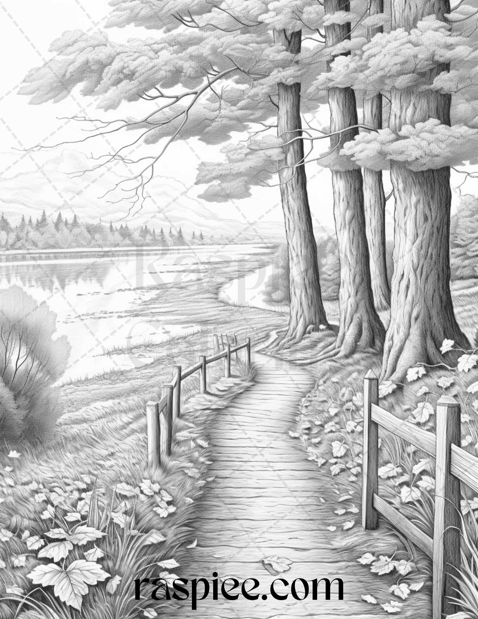 Autumn Scenery Grayscale Coloring Pages Printable for Adults, PDF File Instant Download - Raspiee Coloring