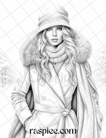 40 Winter Fashion Grayscale Coloring Pages Printable for Adults, PDF File Instant Download