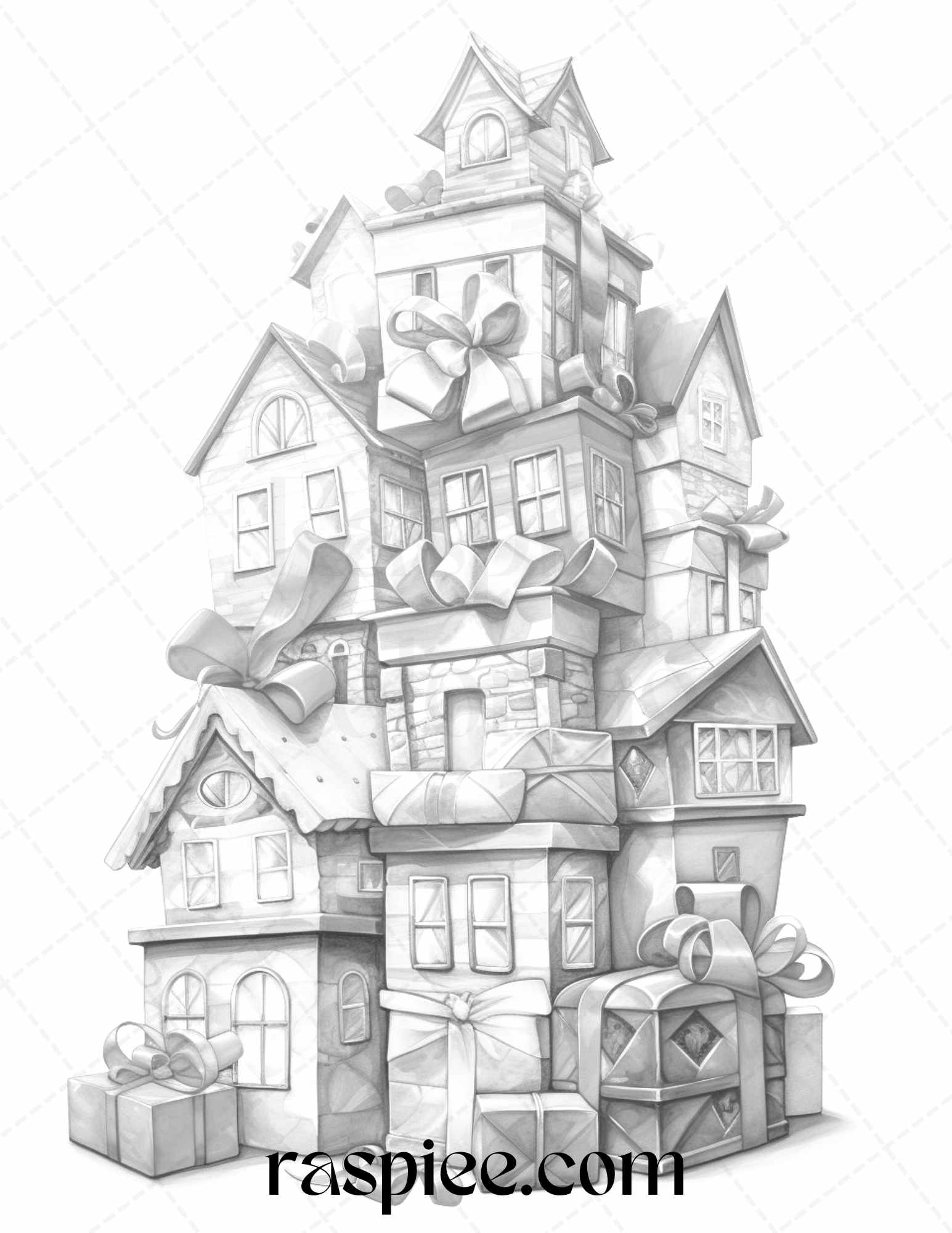 40 Adorable Gift Box Houses Grayscale Coloring Pages Printable for Adults Kids, PDF File Instant Download - Raspiee Coloring