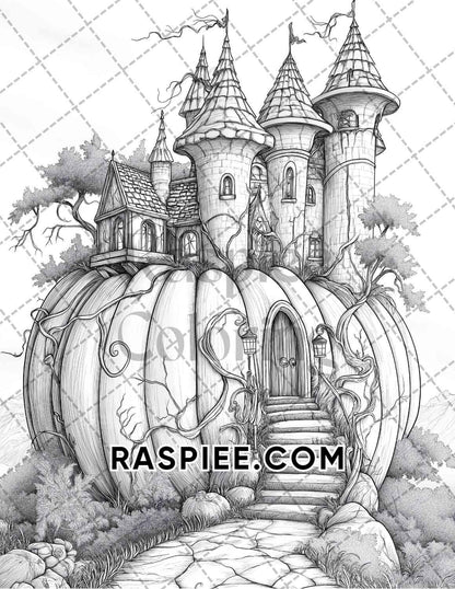 Fantasy Giant Pumpkin Castles Adult Coloring Pages Printable PDF Instant Download - RASPIEE