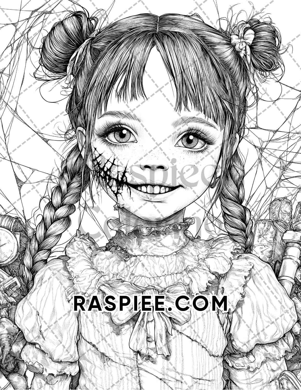 Haunted Dolls Halloween Horror Adult Coloring Pages Printable PDF Instant Download - RASPIEE