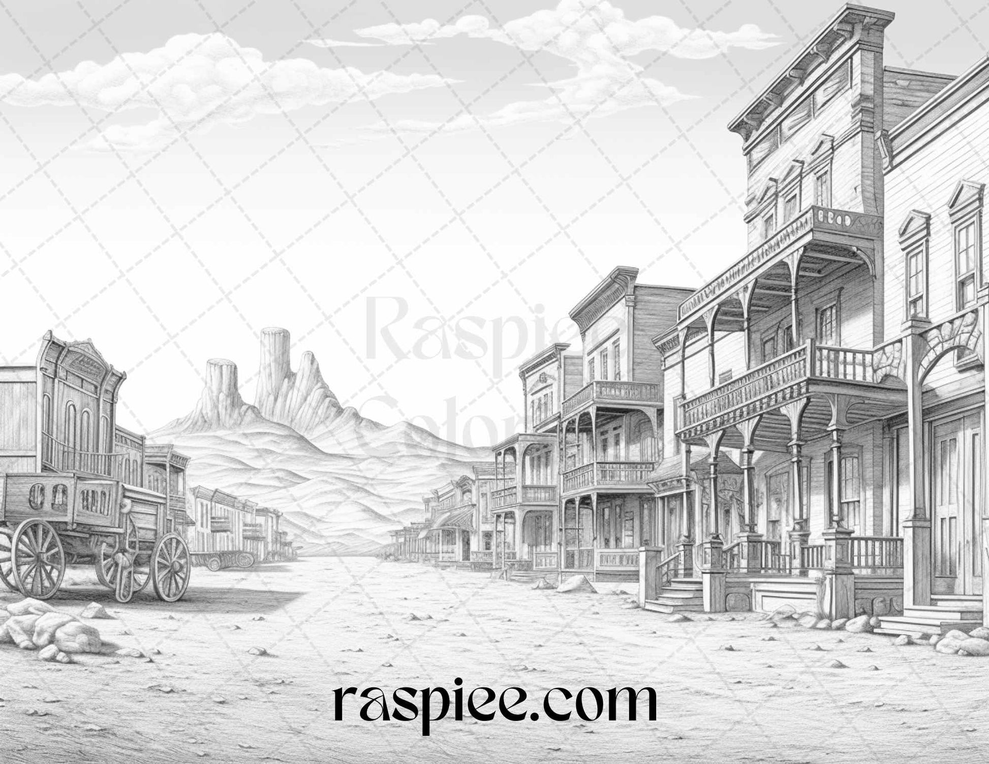 40 Wild West Towns Grayscale Coloring Pages Printable for Adults, PDF File Instant Download - Raspiee Coloring