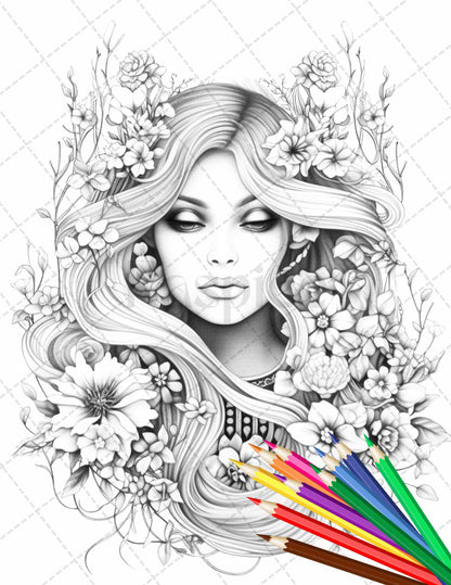 38 Flower Goddess Coloring Pages Printable for Adults, Grayscale Coloring Page, PDF File Instant Download - raspiee