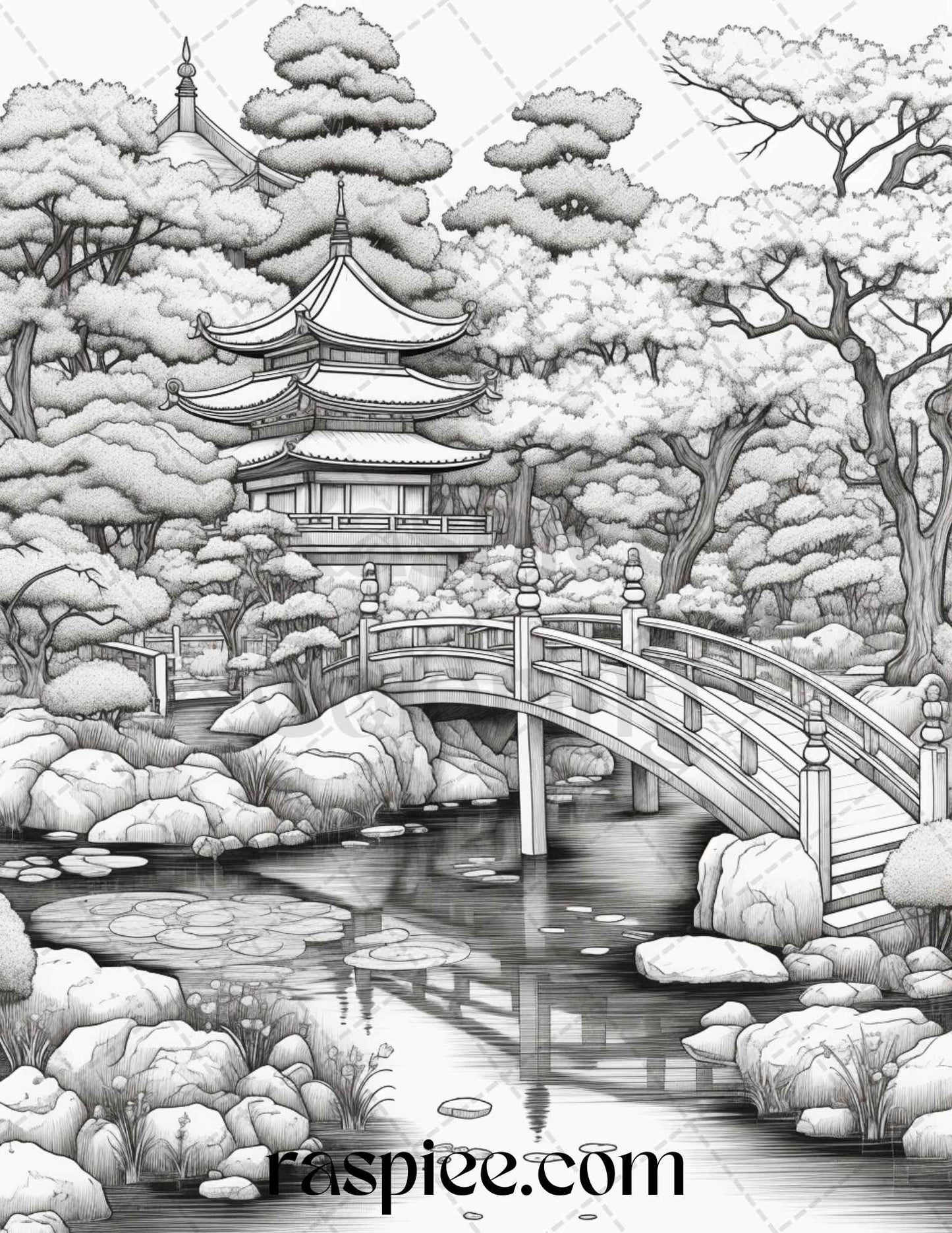 Japanese Garden Grayscale Coloring Pages Printable for Adults, PDF File Instant Download - raspiee