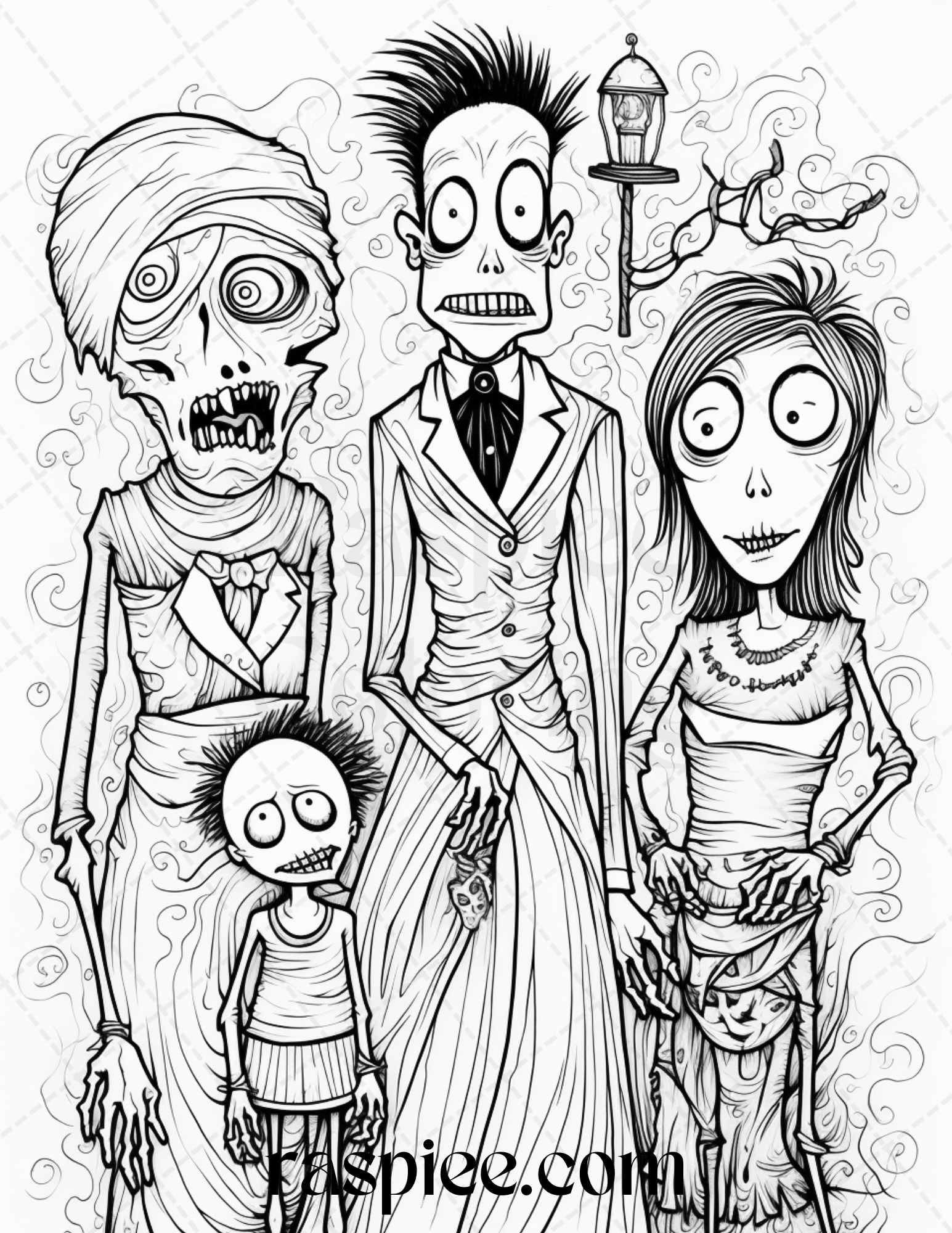 50 Monster Family Grayscale Coloring Pages Printable for Adults - Instant Download, Halloween Coloring Book, Fun and Spooky Designs - Raspiee Coloring
