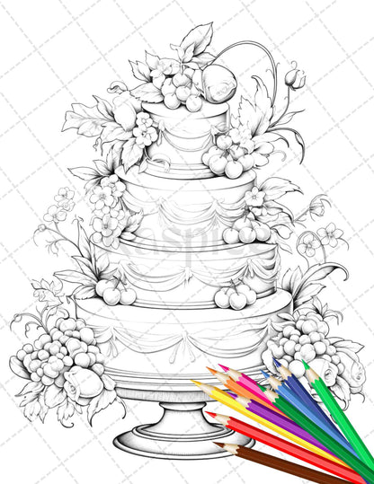 38 Whimsical Cakes Grayscale Coloring Pages for Adults, PDF File Instant Download - raspiee