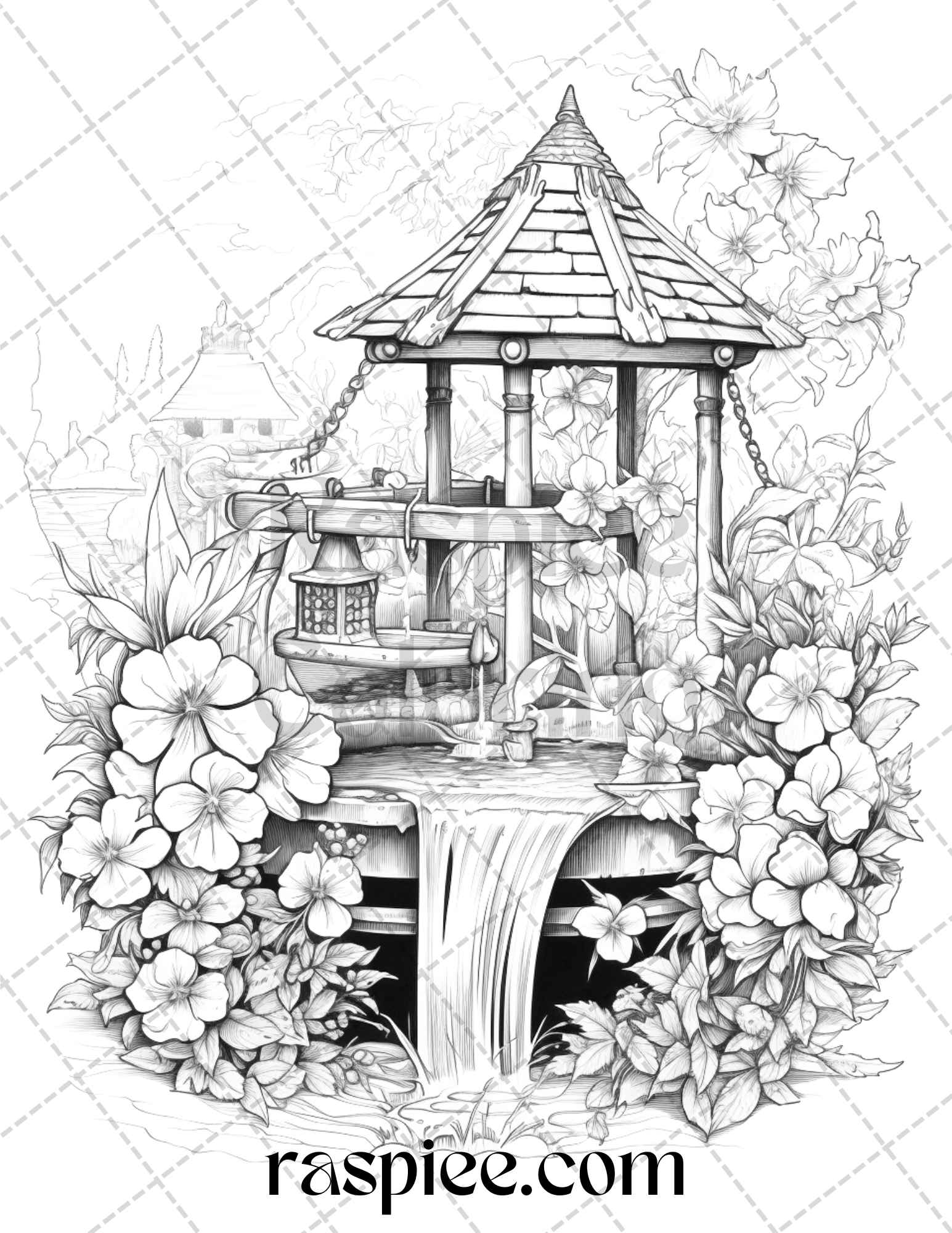 40 Whimsical Wishing Wells Grayscale Coloring Pages Printable for Adults, PDF File Instant Download - raspiee