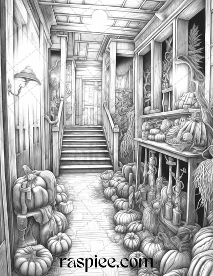 Spooky Halloween Home Decor: 40 Printable Grayscale Coloring Pages for Adults, PDF File Instant Download