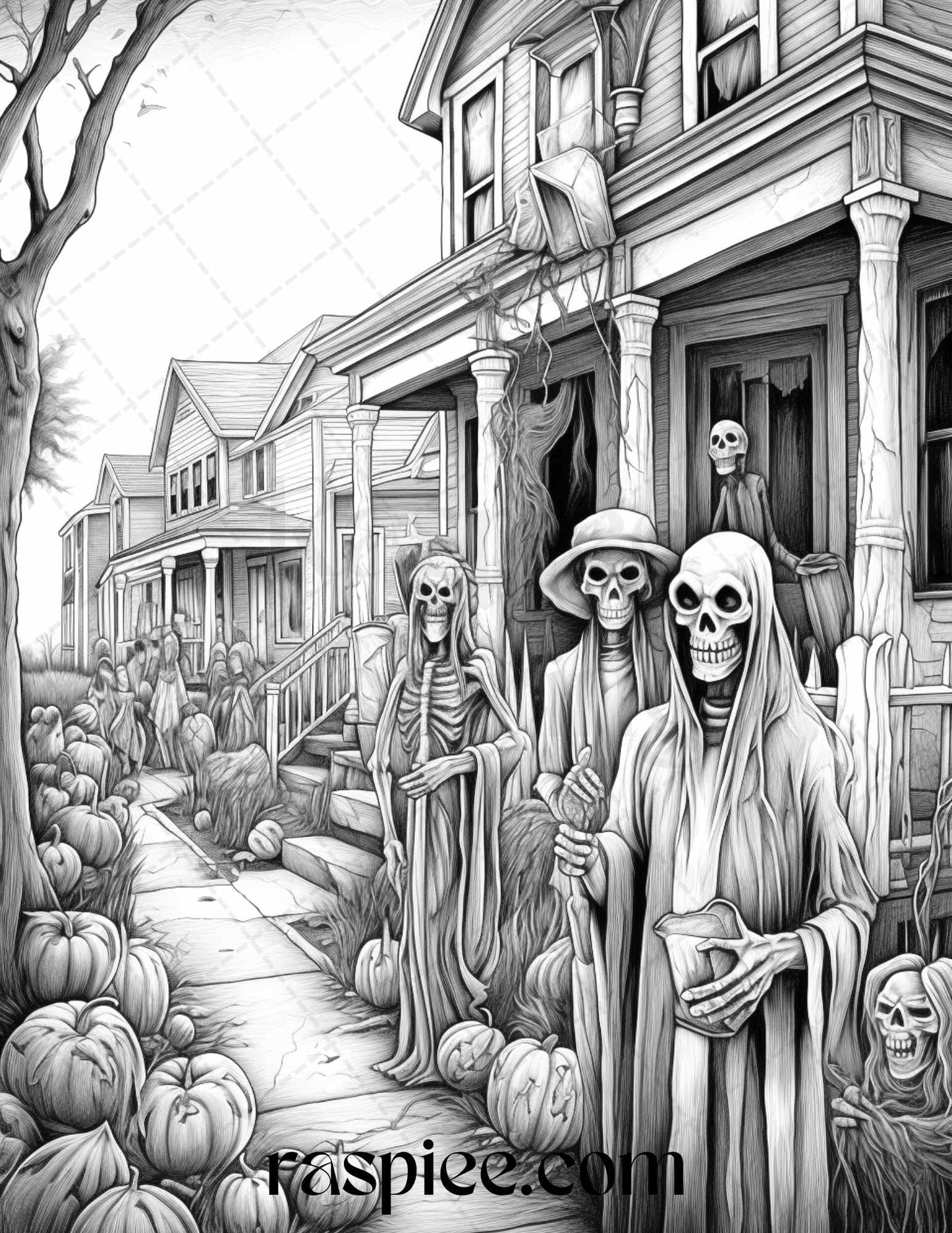 Ghoulish Halloween Grayscale Coloring Pages Printable for Adults, PDF File Instant Download - Raspiee Coloring