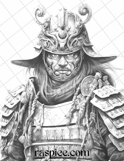 42 Japanese Samurai Grayscale Coloring Pages for Adults, Printable PDF File Instant Download