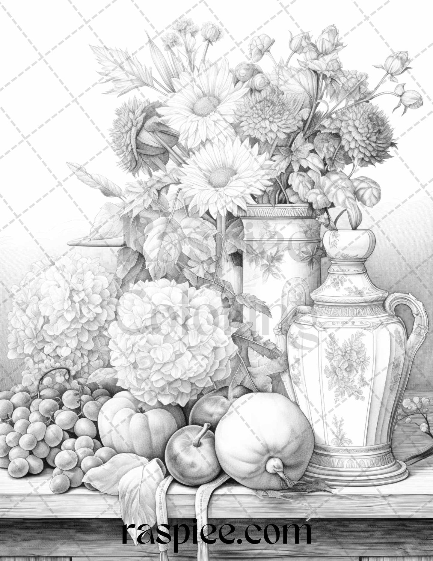 52 Still Life Grayscale Coloring Pages Printable for Adults, PDF File Instant Download - raspiee