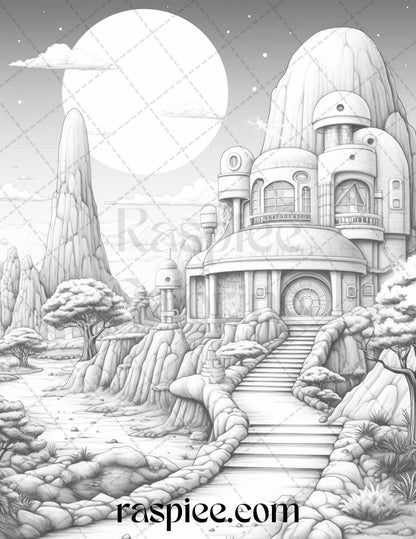 40 Alien Houses Grayscale Coloring Pages for Adults, Printable PDF File Instant Download