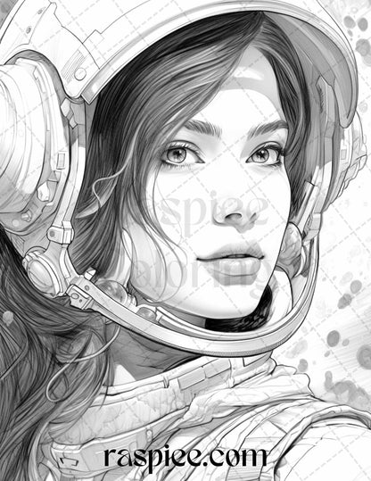 50 Astronaut Girl Portrait Grayscale Coloring Pages Printable for Adults, PDF File Instant Download