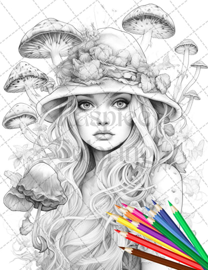 50 Mushroom Fairy Grayscale Coloring Pages Printable for Adults, PDF File Instant Download - raspiee