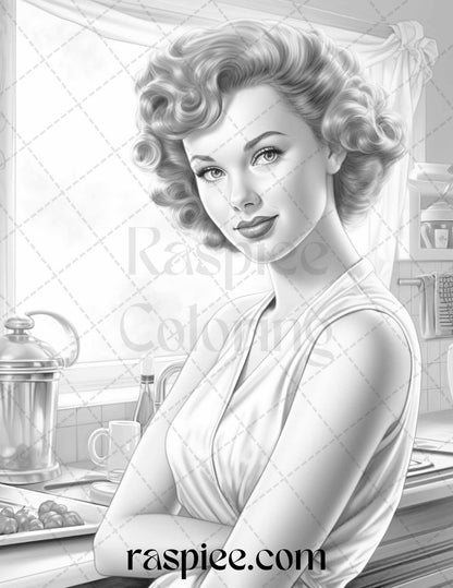 40 Retro Housewives Grayscale Coloring Pages for Adults, Printable PDF File Instant Download