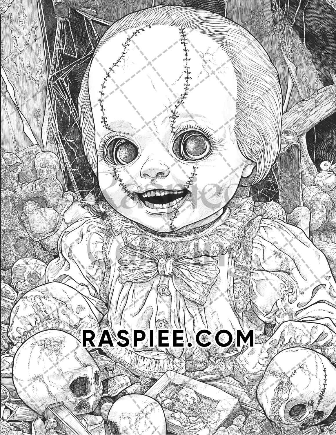 Haunted Dolls Halloween Horror Adult Coloring Pages Printable PDF Instant Download - RASPIEE