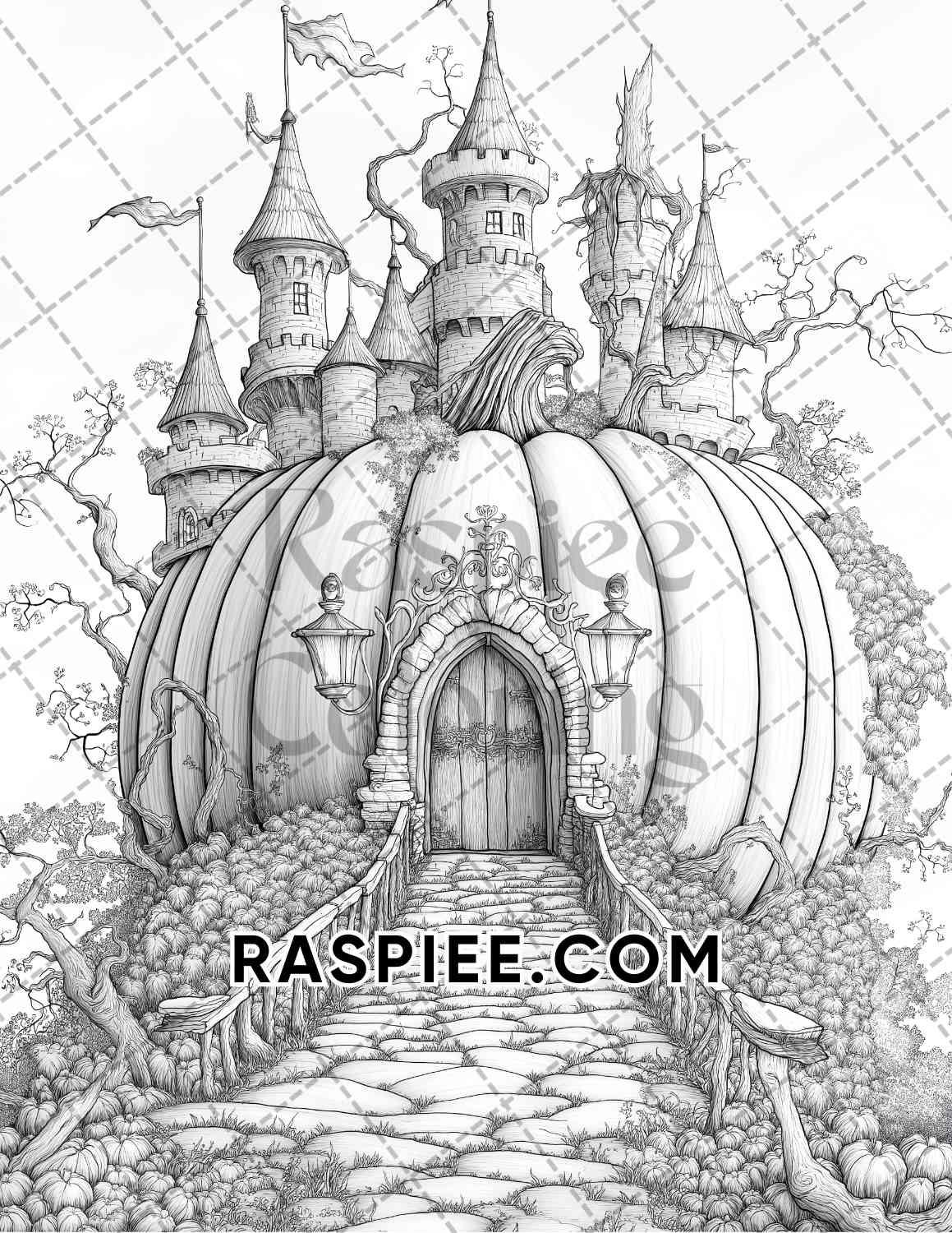 Fantasy Giant Pumpkin Castles Adult Coloring Pages Printable PDF Instant Download - RASPIEE