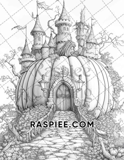 Fantasy Giant Pumpkin Castles Adult Coloring Pages Printable PDF Instant Download - RASPIEE