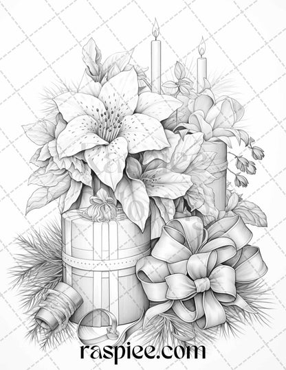 45 Christmas Flowers Grayscale Coloring Pages Printable for Adults, PDF File Instant Download