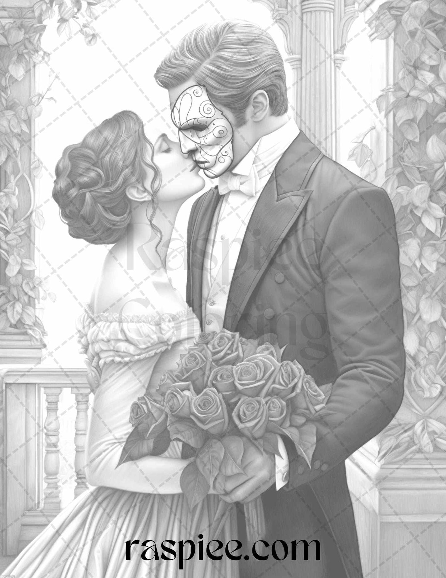 Phantom of the Opera Grayscale Coloring Pages Printable for Adults, PDF File Instant Download - Raspiee Coloring