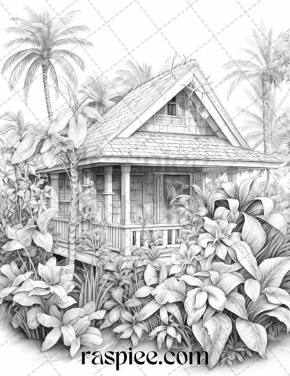 40 Hawaii Tiki Houses Grayscale Coloring Pages Printable for Adults, PDF File Instant Download