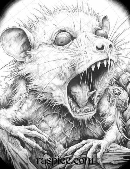 66 Horror Zombie Animals Grayscale Coloring Pages Printable for Adults, PDF File Instant Download - Raspiee Coloring
