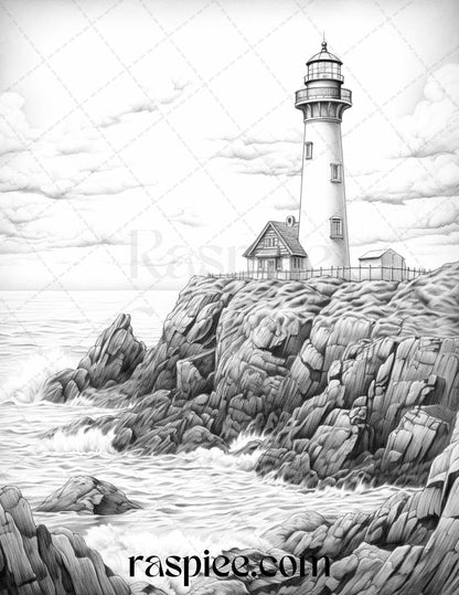 40 Majestic Lighthouses Grayscale Coloring Pages Printable for Adults, PDF File Instant Download - Raspiee Coloring