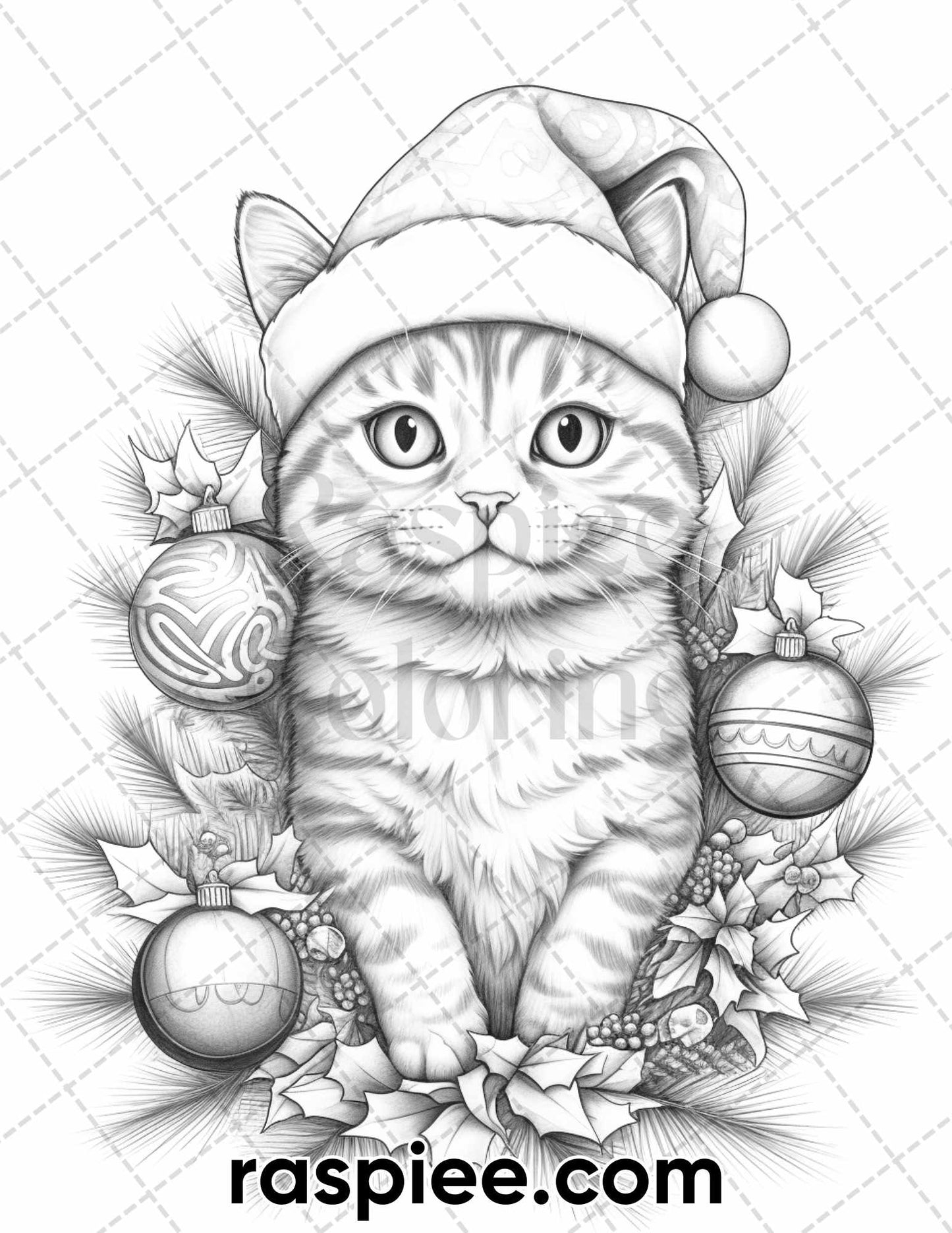 40 Christmas Cats Grayscale Coloring Pages for Adults, Printable PDF Instant Download