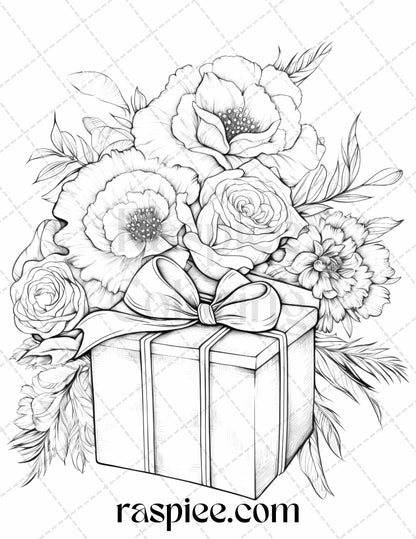 40 Flower Gift Box Grayscale Coloring Pages Printable for Adults Kids, PDF File Instant Download - Raspiee Coloring