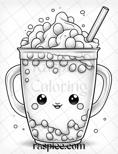 50 Cute Kawaii Boba Tea Grayscale Coloring Pages for Adults and Kids, Printable PDF File Instant Download