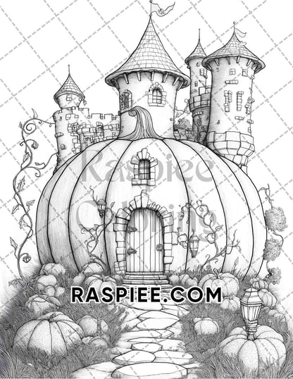 Fantasy Giant Pumpkin Castles Adult Coloring Pages Printable PDF Instant Download - RASPIEE