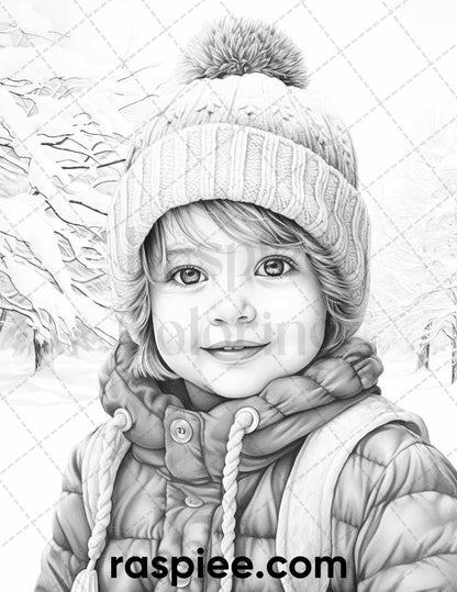 50 Baby Winter Portrait Grayscale Coloring Pages Printable for Adults, PDF File Instant Download