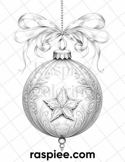 40 Christmas Balls Grayscale Coloring Pages Printable for Adults, PDF File Instant Download