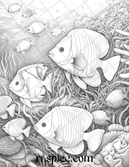 Ocean Life Grayscale Coloring Pages Printable for Adults Relaxation and Creativity, PDF File Instant Download - raspiee